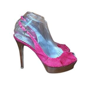 GUESS Vtg Y2K Hot Pink Leather Faux Snake High Heel Pumps Rhinestone Charms 7M
